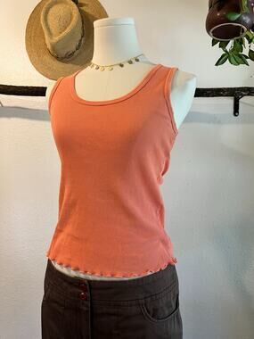 USA Y2K Glima Coral Pink 100% Cotton Ruffled Trim Distressed Tank Top Size Small